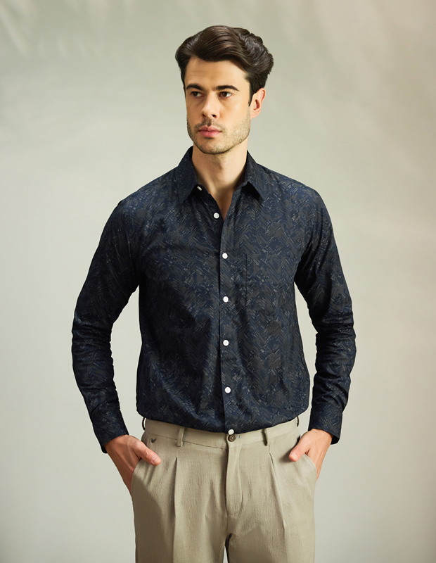 Summer Bloom Cotton Blend Navy Blue Shirt